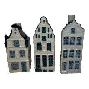 Set of 3 KLM Delft Blue & White Airline Decanter Houses