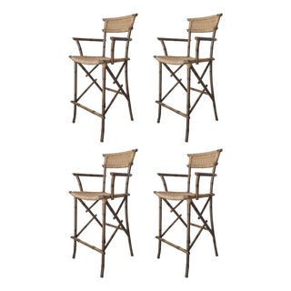 Set of 4 Metal Faux Bamboo and Rope Bar Stools For Sale