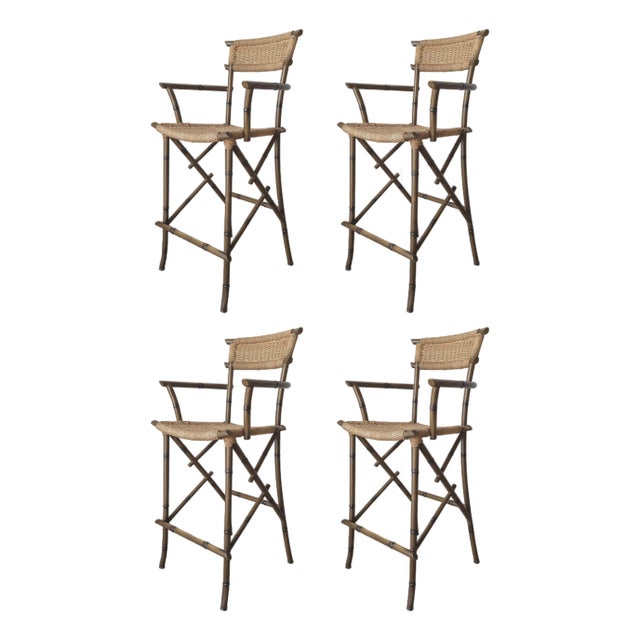 Set of 4 Metal Faux Bamboo and Rope Bar Stools For Sale
