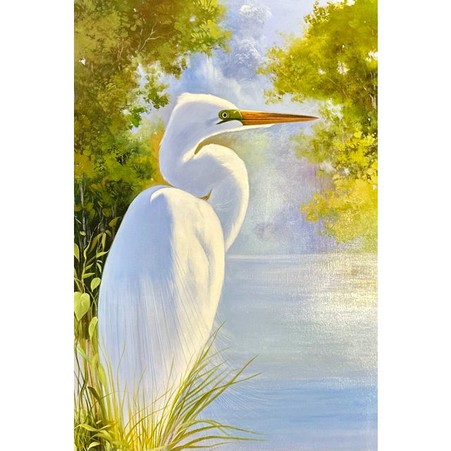 Original oil on canvas by P. Charles, circa 2017. A beautifully executed original oil painting of a white egret standing...