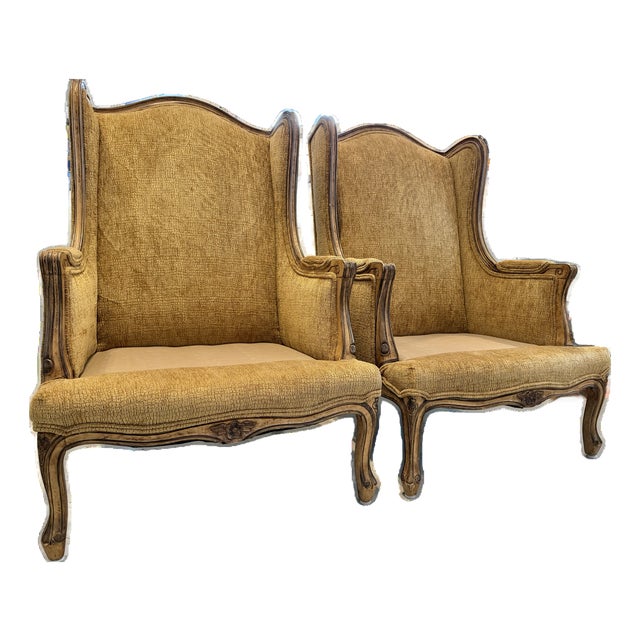 Wood Pair of Custom Wingback Armchairs in Pictorial Avian Upholstery For Sale - Image 7 of 17