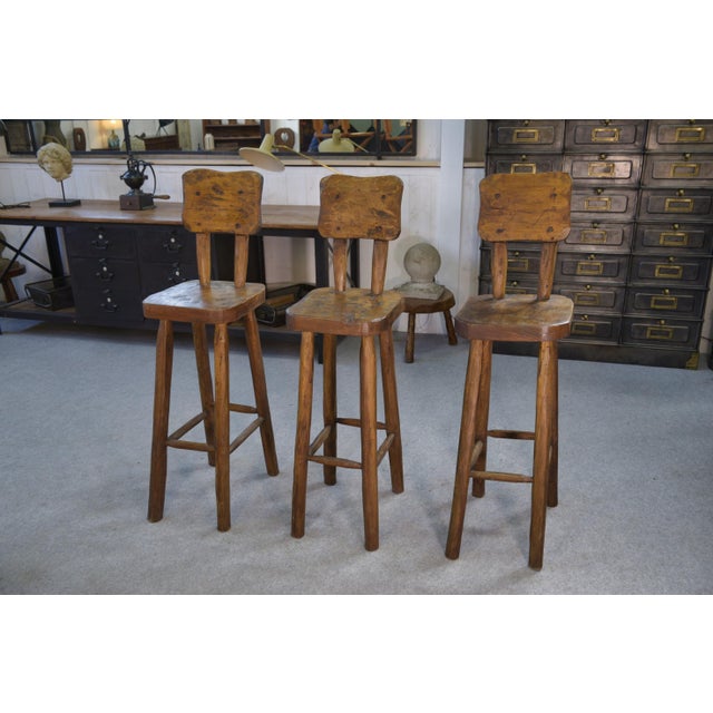 Brutalist High Stools in Elm, 1960s, Set of 3 For Sale - Image 9 of 13