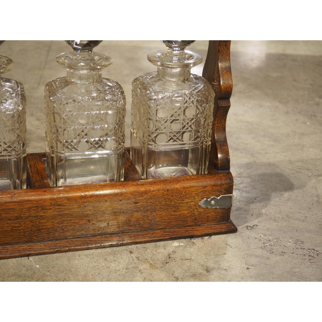 19th Century 3-Bottle English Oak and Silver Plated Locking Decanter Set For Sale - Image 15 of 18