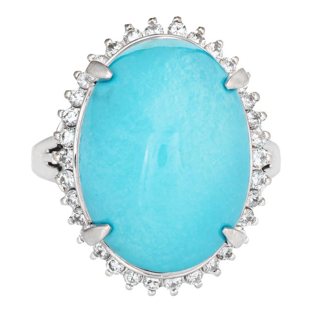 Mid 20th Century Egg Shell Blue Turquoise Diamond Ring Platinum Estate Large Cocktail Jewelry size 6 For Sale