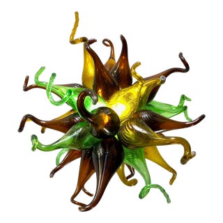 Light Fixture of Brown Green and Yellow Recycled Handblown Glass For Sale