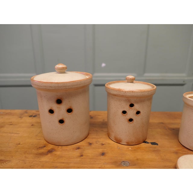 Set of French Earthenware Spice Crocks Lovely French Storage set, four pieces with lids thyme, laurier and oignons and...