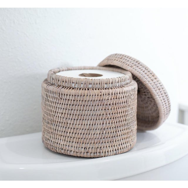2020s Artifacts Rattan Round Single Tissue Roll Box in White Wash For Sale - Image 5 of 6