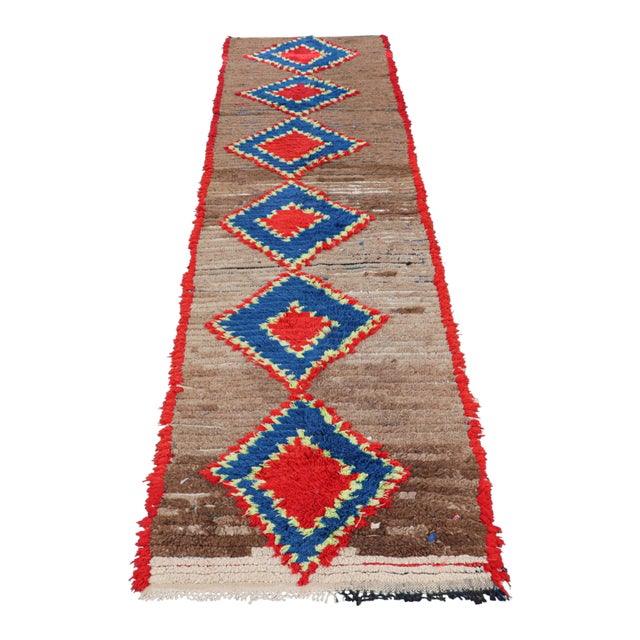 1950s Vintage Moroccan Runner Rug With Red & Blue Diamond Medallions - Rug & Kilim For Sale - Image 5 of 7