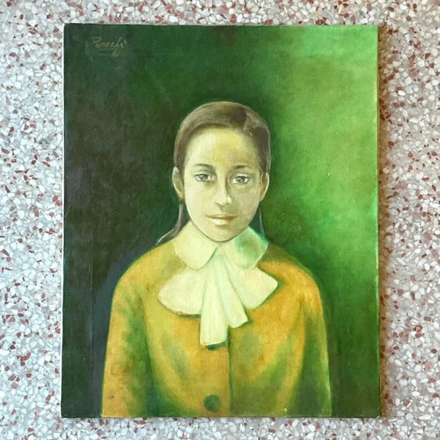 Add a touch of timeless Italian elegance to your space with this exquisite Vintage Boho oil portrait from the 1960s. This...