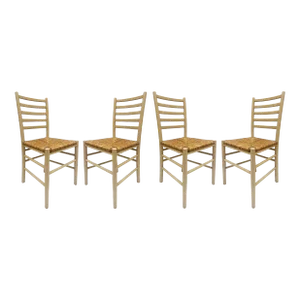 Mid-Century Italian Modern Ladder Back Dining Chairs, Rush Seats-Set of 4