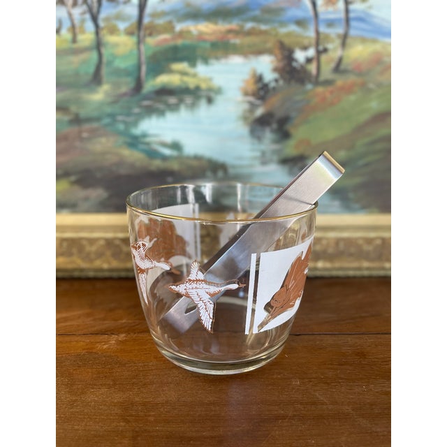 Vintage Mid-Century Modern Ice Bucket With Ducks in Flight and Oak Leaf Motif, Gold Rim, and Stainless Steel Tongs - 2 pcs For Sale - Image 4 of 9