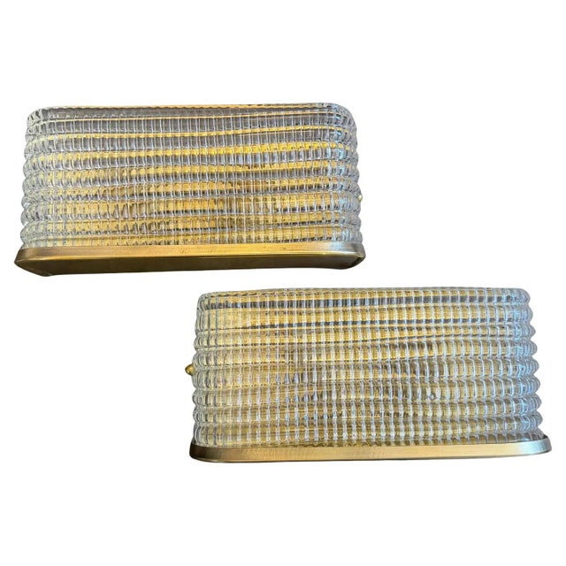 Max Ingrand Two 1990s Mid-Century Modern Italian Brass and Glass Rectangular Wall Sconces For Sale - Image 4 of 11