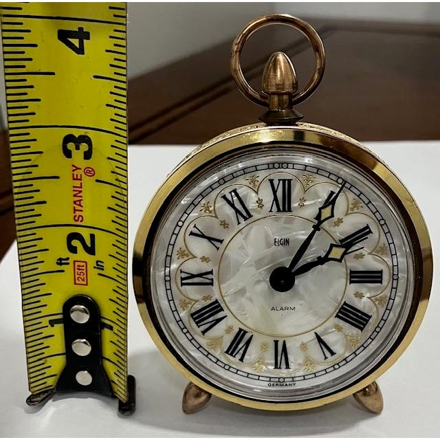Vtg. Elgin Alarm Clock Germany Mother of Pearl Dial Solid Brass Accents Mechanical Wind Works For Sale - Image 10 of 10