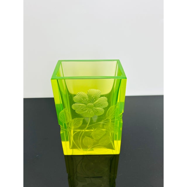Karlsbad Uranium Glass Vase with Hand-Engraved Floral Décor by Moser, Czechoslovakia, 1920s For Sale - Image 6 of 13