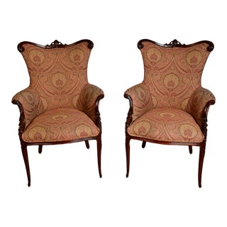 1930 Pair French Carved Mahogany Fireplace Living Room Chairs Spring-Seat For Sale