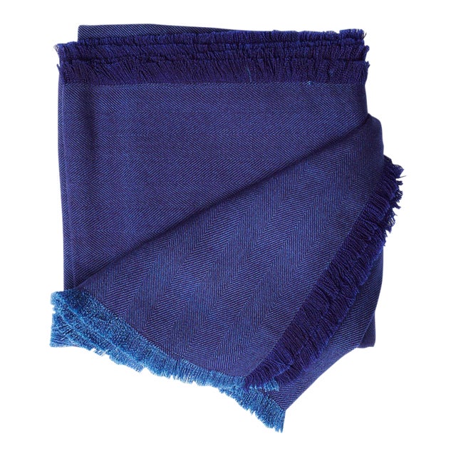 Cobalt Blue Herringbone Plush Soft Merino Handwoven Throw For Sale