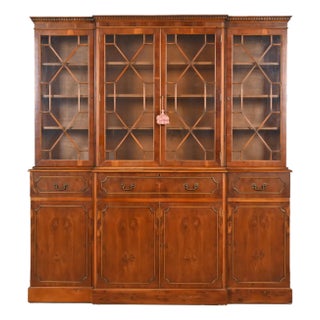Baker Furniture Style English Georgian Yew Wood Breakfront Bookcase Cabinet With Drop Front Secretary Desk, Circa 1960s For Sale