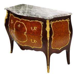 Antique Bombay Marquetry French Ormolu Mounted Louis XV Marble Top Commode