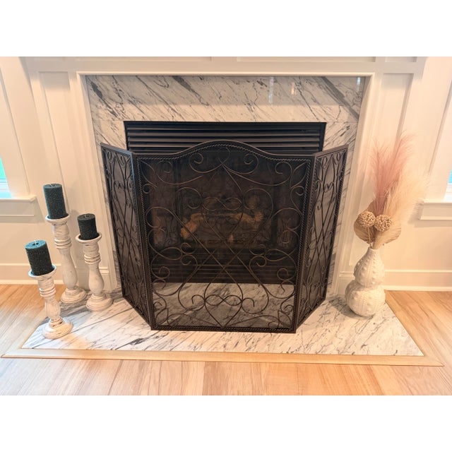 Metal Large Wrought Iron Three-Panel Trifold Fireplace Screen With Scrollwork & Twisted Rope Border For Sale - Image 7 of 8