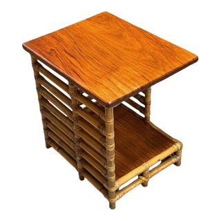 1950s Restored Rattan "Jacob's Ladder" Storage Side Table With Mahogany Top For Sale