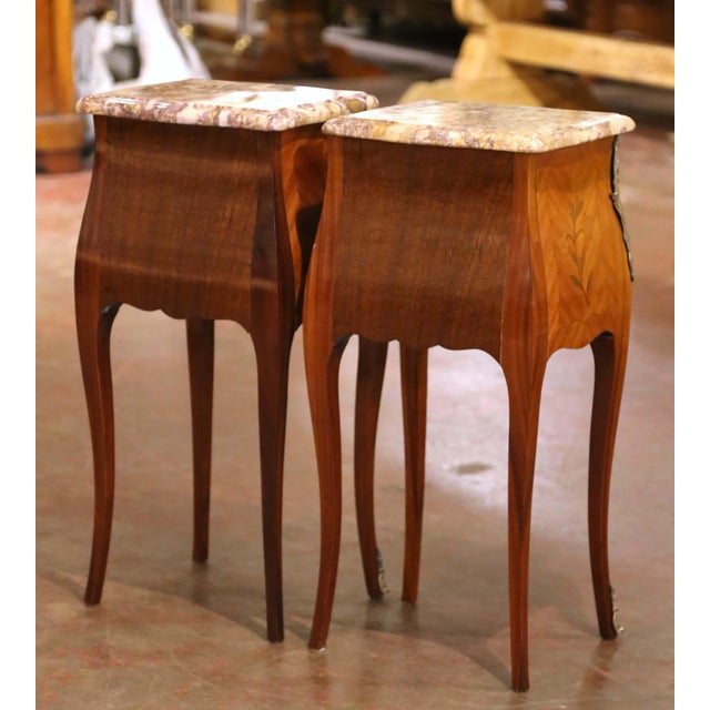 Pair Mid-Century French Louis XV Marquetry Bedside Tables With Marble Tops For Sale - Image 11 of 11