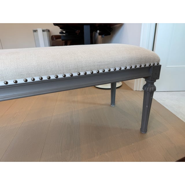 Wood Restoration Hardware Maison End of Bed Bench - Antiqued Graphite With Sand Belgian Linen For Sale - Image 7 of 10