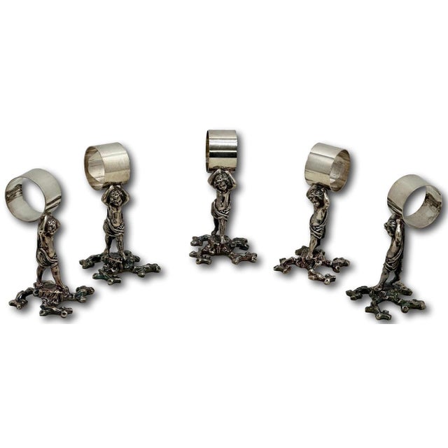 Outstanding Orig. Set of 5 Large Antique Victorian Sheffield England Silverplate Figurative Putti Napkin Rings Circa 1900 For Sale - Image 9 of 18