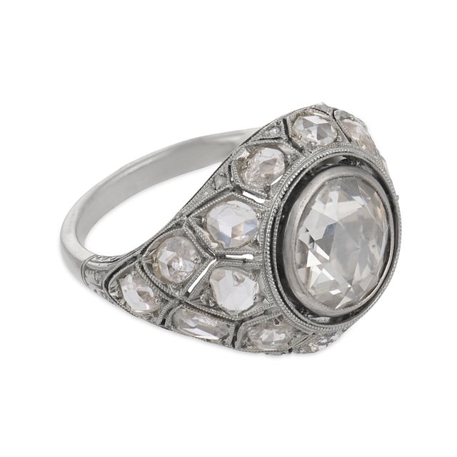 Antique Rose Cut Diamond 18k White Gold Bombe Ring, Size 6 For Sale - Image 4 of 6