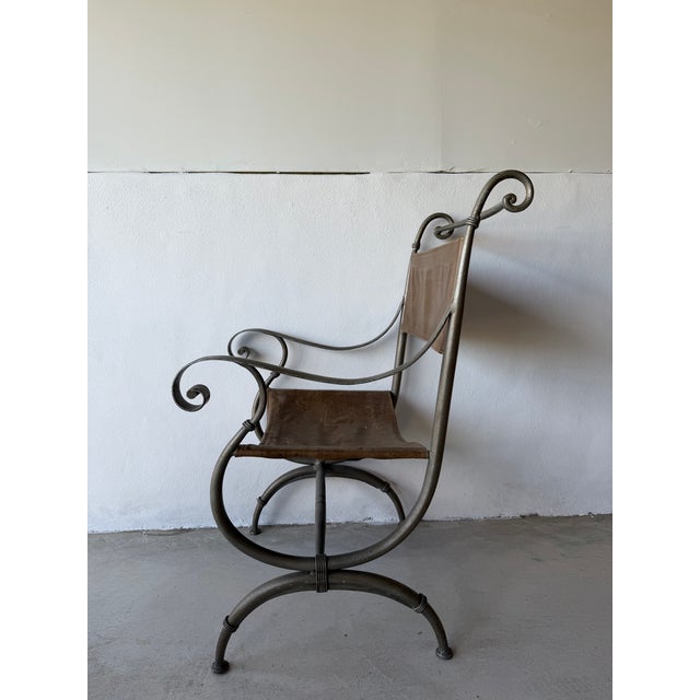 Late 20th Century Late 20th Century Leather and Iron Scroll Dining Arm Chairs For Sale - Image 5 of 12
