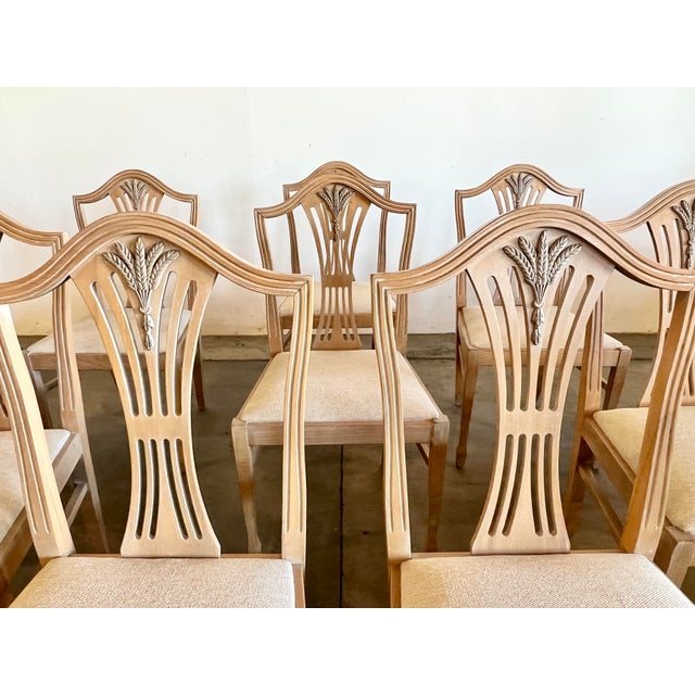 Beige Vintage Sheraton Style Hand Carved Shield Back Dining Chairs Newly Upholstered - Set of 10 For Sale - Image 8 of 11