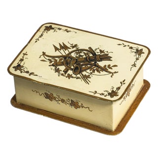 Neat Vintage French Hand Painted Pressed Metal Trinket Jewelry Desk Box Home Decor For Sale