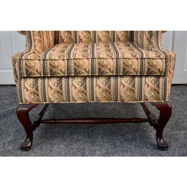 Vintage Queen Anne Wingback Chair Mahogany Cabriole Leg Striped Tapestry Floral For Sale - Image 4 of 15