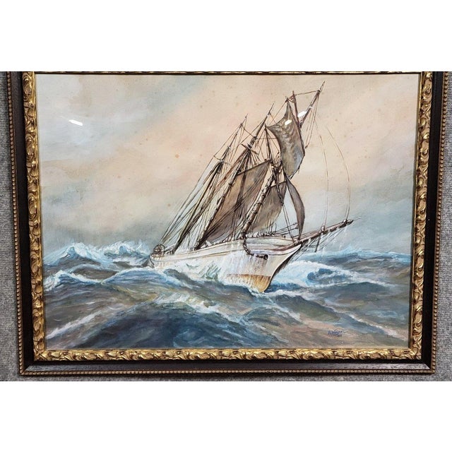 Frederick R. Wagner, Sailboat on a Stormy Sea, 1800s, Watercolor on Paper, Framed For Sale - Image 5 of 7