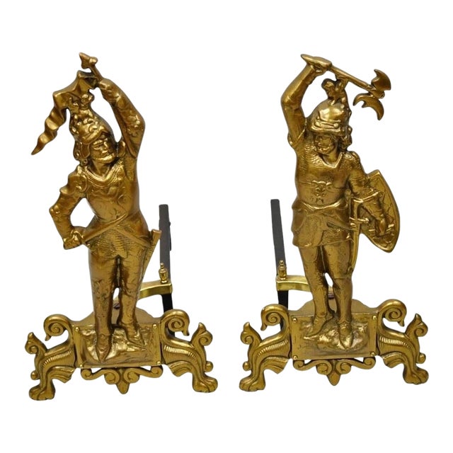Vintage Renaissance Brass Figural Soldier Warrior Fireplace Andirons - A Pair For Sale