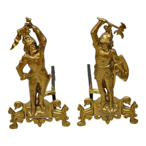 Vintage Renaissance Brass Figural Soldier Warrior Fireplace Andirons - A Pair