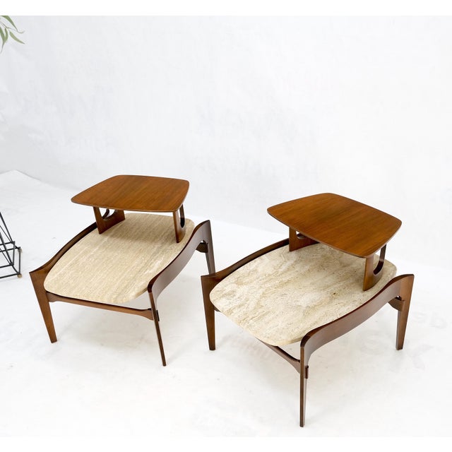 Pair Sculptural 1970s Walnut Travertine Tops Step Side End Tables Singer Sons For Sale - Image 16 of 18