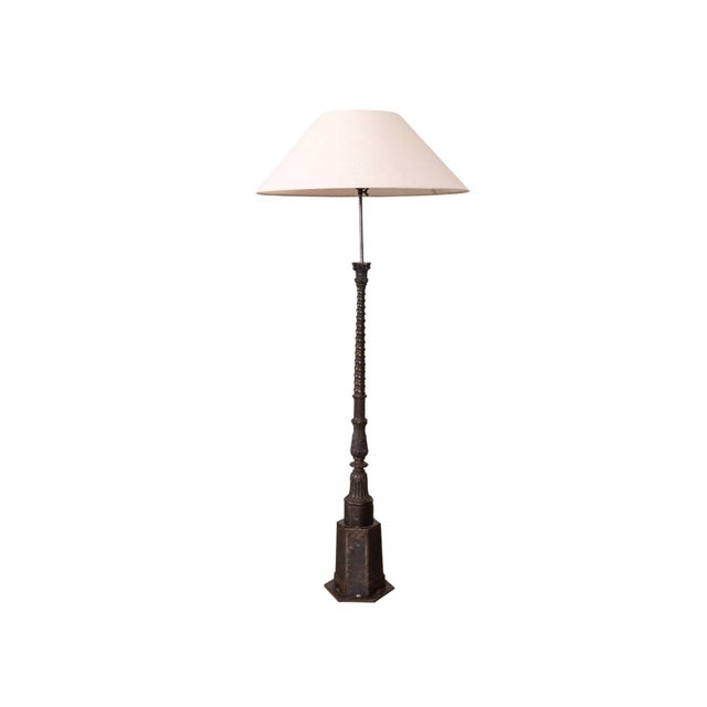 Belle Epoque floor lamp. Crafted from cast-iron architectural fragment. Linen shade.