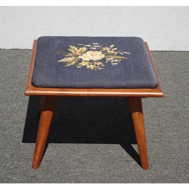 Vintage Mid Century Modern Blue Needlepoint Tapestry Footstool Stool Bench For Sale - Image 4 of 11