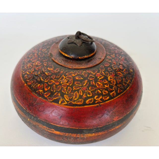 Vintage Asian Red and Black Painted Wooden Round Lidded Box With Metal Ring Handle For Sale - Image 16 of 17