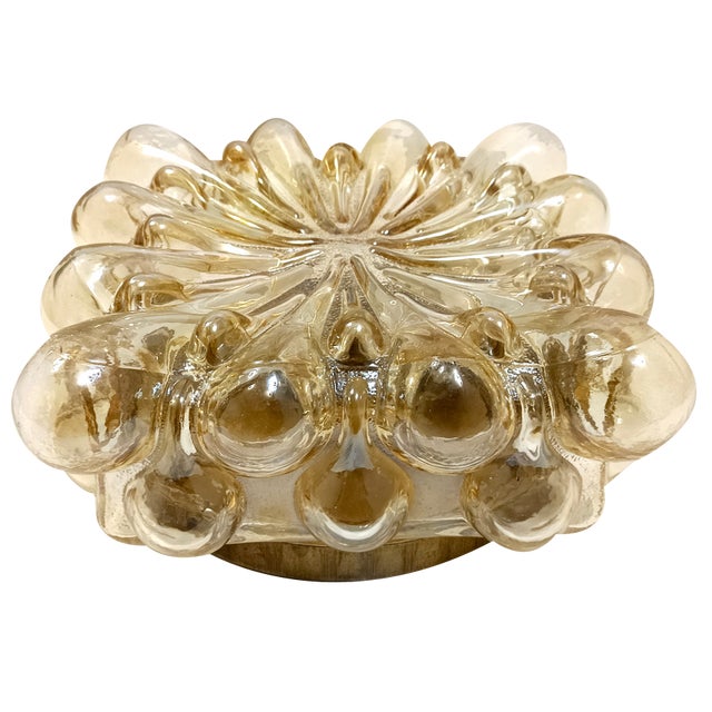 Ceiling Light in Amber Glass and Gold Varnished Metal by Helena Tynell, 1970s For Sale