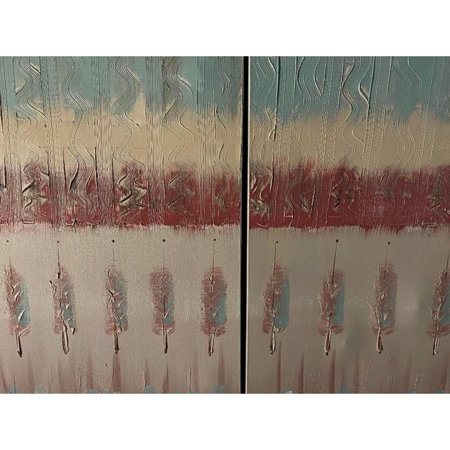 Lee Reynolds large mixed media signed mid-century two piece abstract. This piece was done in pastel colors. This artwork...