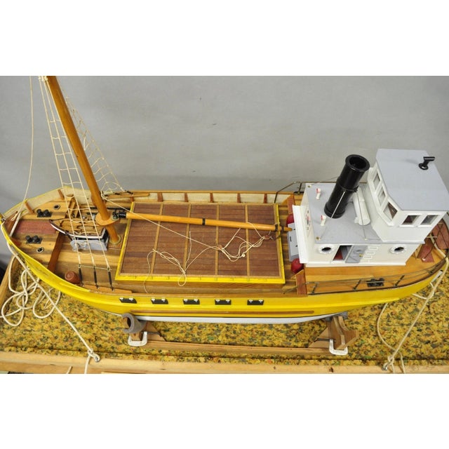 Large 48" Vintage Wooden Fishing Vessel Model Ship Yellow Hull South Korean Flag For Sale - Image 14 of 18