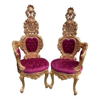 1970s Italian Baroque Gold Beech Red Velvet Chairs 2 PCS For Sale
