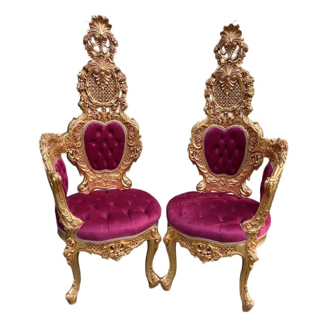 1970s Italian Baroque Gold Beech Red Velvet Chairs 2 PCS For Sale
