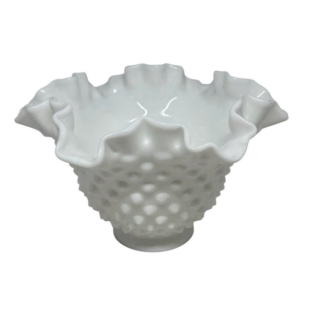 Mid 20th Century Ruffled Rim Hobnail White Milk Glass Bowl Vase — Vintage 6.5" Wide For Sale - Image 5 of 12