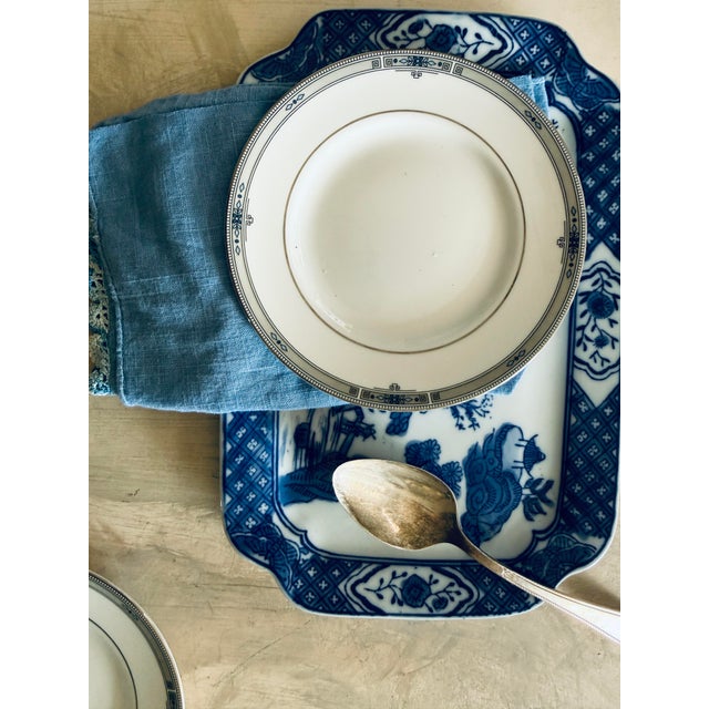 Wedgwood Late 20th Century Wedgwood Amherst Bone China Plates 6 Inch Dove Gray Greek Key Blue Floral England - Set of Five (5) For Sale - Image 4 of 12