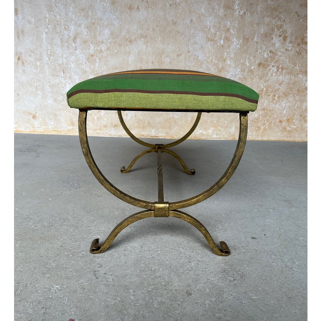 Hand-Forged Spanish Style Gilt Iron Bench With Striped Cotton Linen Seat For Sale - Image 10 of 14