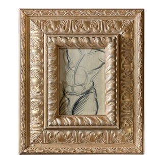 1940’s Original Male Figure Charcoal Study Drawing Chunky Gold Frame For Sale