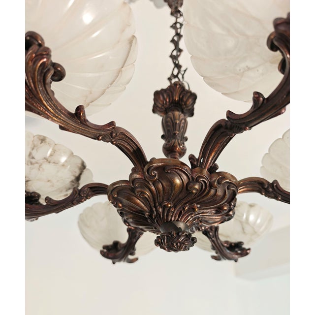 Art Deco Bronze Chandelier with Six Alabaster Lampshades, Made in Italy in the 1950s/1960s. For Sale - Image 15 of 18