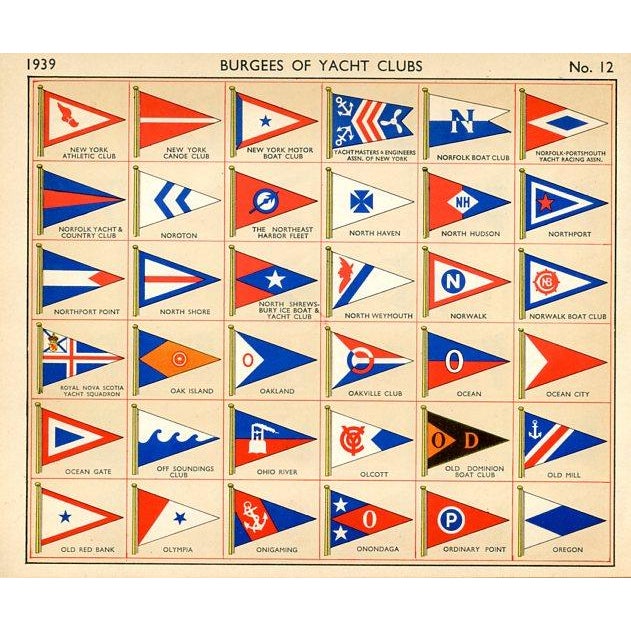Original sailing lithograph featuring American yachting club flags from a 1930s guide to yachts and their owners. The...